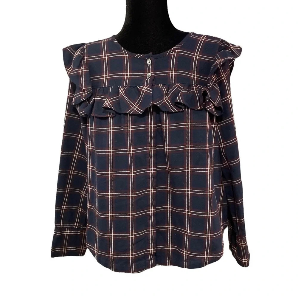 NWT Madewell Plaid Ruffle Yoke Top